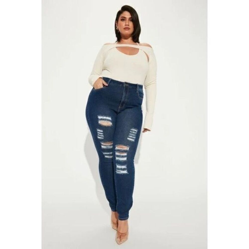 Drive To The Ocean Distressed Jeans Medium Stretch Dark Denim 2X RefFNB3